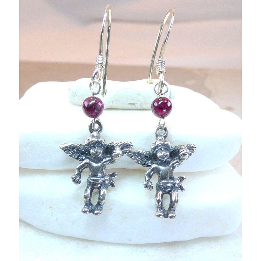 VTG CHERUBS ANGEL Garnet Sterling Silver 3-D Earrings